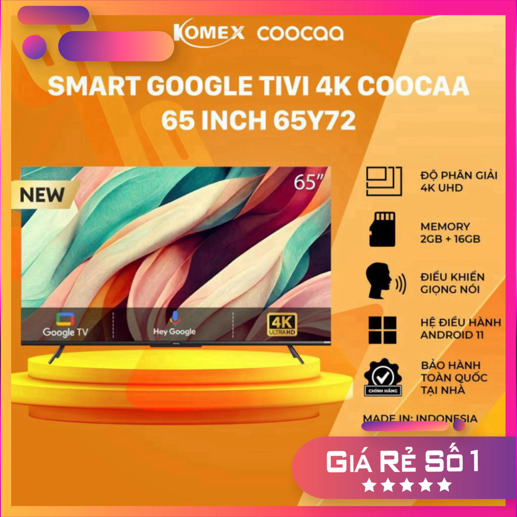 Sale Tivi Coocaa 65 Inch 65Y72 Smart TV độ phân giải 4K UHD điều khiển bằng giọng nói bảo hành 2 năm - komex nhanh giao