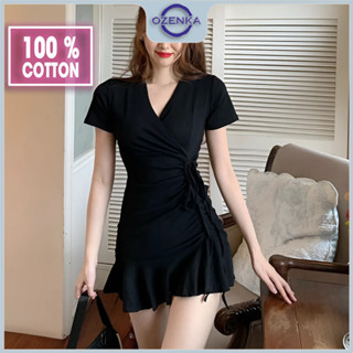 Váy body ngắn nữ xòe bồng sexy cổ v rút dây ozenka , đầm ôm body ngắn tay dáng chữ a sang chảnh cotton mịn mát
