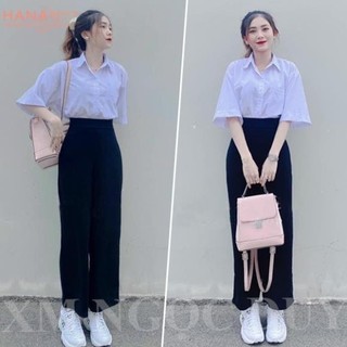 Quần tây ống rộng đi học khóa khuy nữ cạp lưng cao dáng quần vải ống rộng nữ suông dài dày đen học sinh đi học công sở