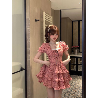 Đầm mini dáng xoè hoa nhí màu hồng tay ngắn thắt eo váy mùa hè dáng xoè cho nữ