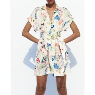 Zara đầm sơ mi mini hoa mát xinh Zara made in Morocco full tag