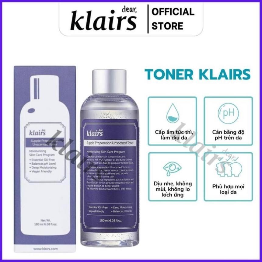 Toner dưỡng ẩm Klairs 180ml không mùi, dưỡng ẩm tức thì – Nước hoa hồng   .