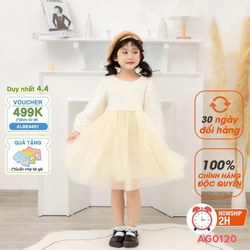 Váy bé gái thu đông ALBERKIDS công chúa kem xinh đẹp cho trẻ em 2,3,4,5,6,7,8,9,10,11,12 tuổi AG0109