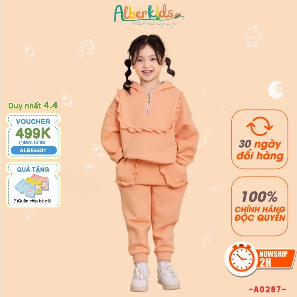 Bộ đồ nỉ bé gái ALBERKIDS cách điệu bèo áo quần có mũ cho trẻ em 2,3,4,5,6,7,8,9,10,11,12 tuổi [A0287]