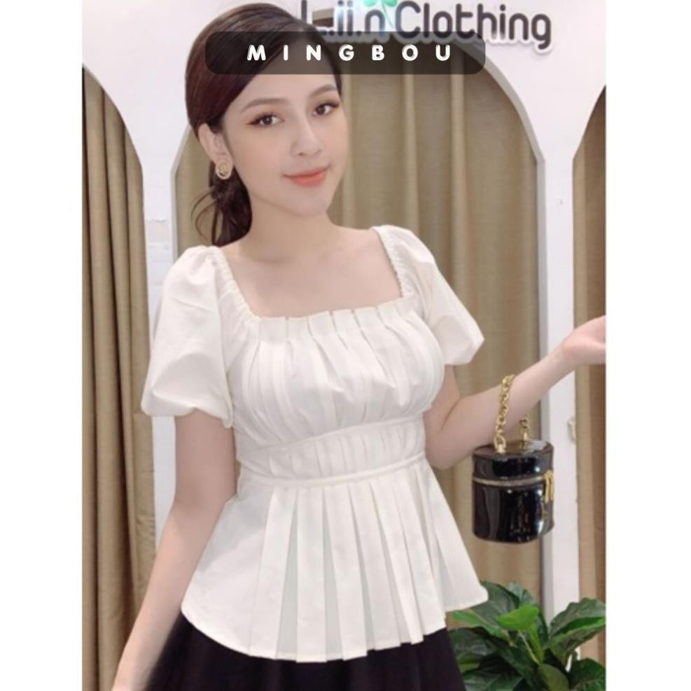 Áo Peplum Nữ Trắng Xếp ly 💝 Áo sơ mi cổ vuông Nữ Tay bồng siêu dễ thương