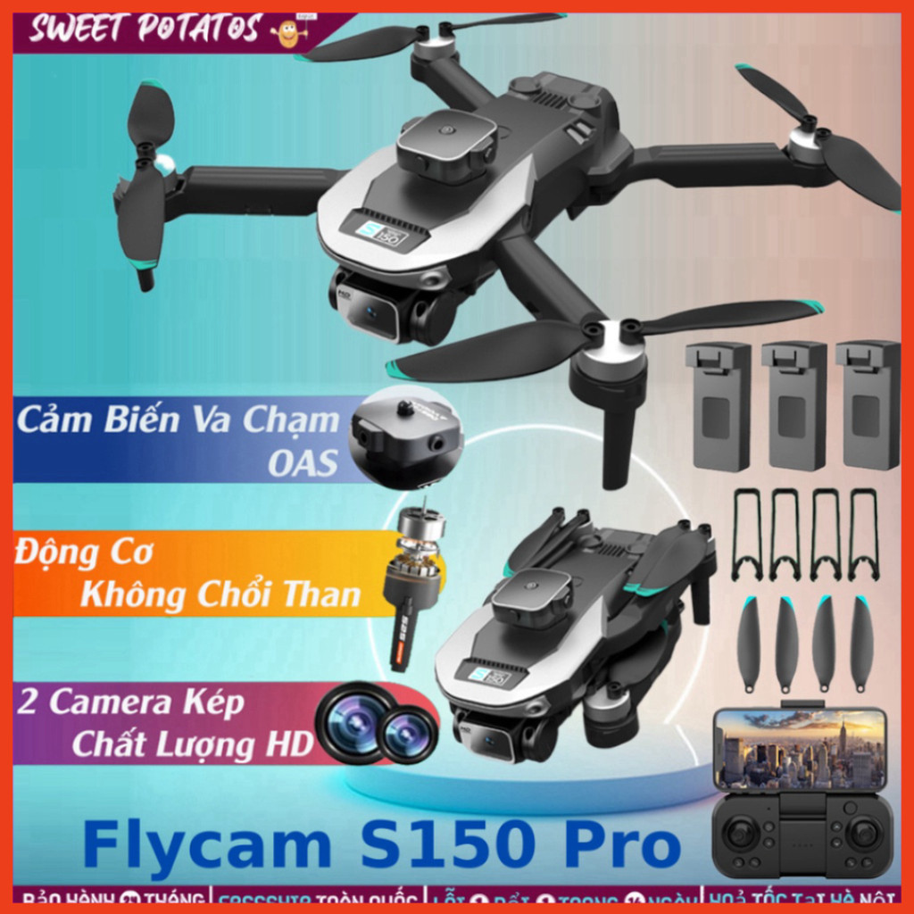 Flycam không chổi than, Fly cam S150 Pro giá rẻ, Máy bay điều khiển có camera kép HD, cảm biến 4 chiều pin 2500mAh - lễ