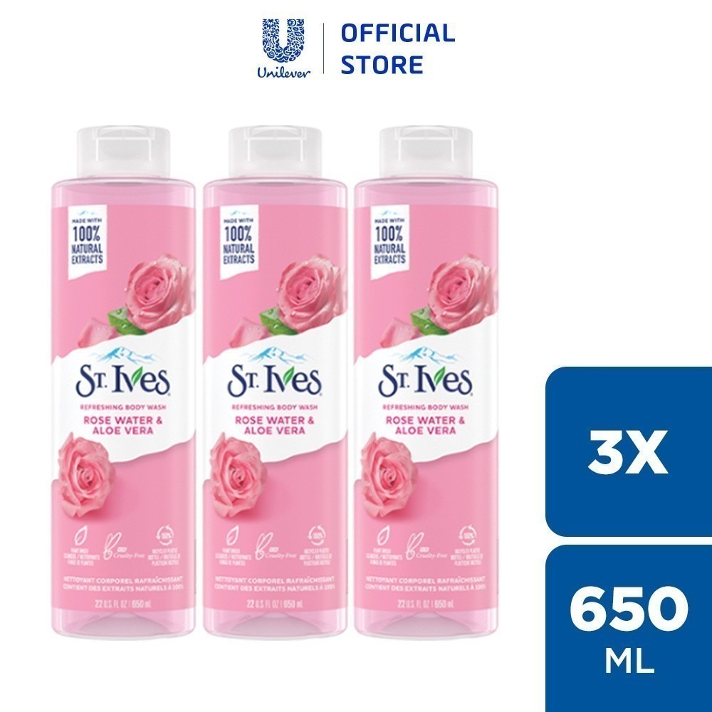 Combo 3 chai Sữa tắm dưỡng da St.Ives Hoa Hồng và Lô Hội 650mlx3