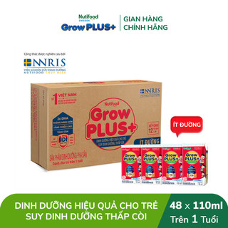 Thùng Sữa Bột Pha Sẵn Nutifood GrowPLUS+ ít đường Suy Dinh Dưỡng - Trên 1 Tuổi - Tăng Cân, Tăng Chiều Cao (48 Hộpx110ml)