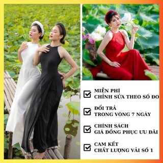 Áo dài yếm nữ cách tân dáng dài hở lưng vải lụa trơn mềm mại kèm mấn đội đầu, Áo yếm chụp hoa sen màu Hồng, Xanh, Đỏ