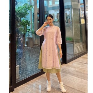 Áo dài Tết Cách Tân BOO 4 tà Vải Tơ Hoa Tay Phồng Phối Chân Váy BOO Phong cách