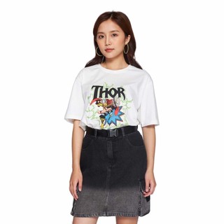Áo Thun BOO Nữ Dáng Rộng, Vải Cotton Cao Cấp, Màu Trắng In Graphic Thor Marvel