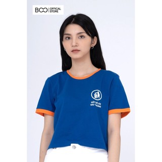 Áo Croptop BOO Nữ Form Rộng 100% Cotton Màu Xanh Coban Hottrends In Hình Bỏ EX Phối Viền Tay Cam