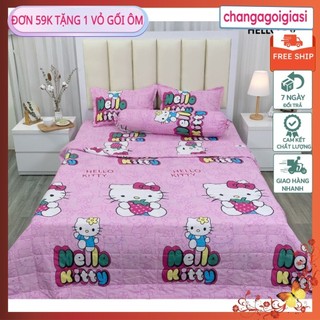 Bộ ga gối poly 1m2 1m6 1m8, gồm 1ga 2 vỏ gối,free ship,chát chọn mẫu-hello kitty hồng