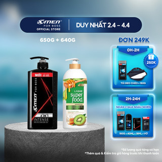 Combo Tắm Gội 2in1 X-Men for Boss Intense 650g + Dầu gội Lashe Superfood ngăn gãy rụng tóc 640g