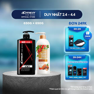 Combo Tắm gội XMen for Boss 2in1 Intense 650g + Sữa tắm Lashe Superfood dưỡng da sáng mịn 610g
