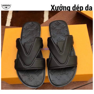 Dép quoai ngang nam LV da thật 100% mẫu dép da nam hot nhất 2024!