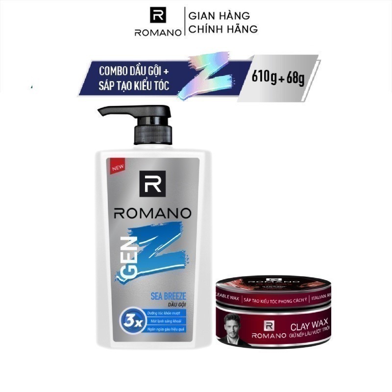 Combo Dầu gội Romano Gen Z Hương Sea Breeze/ Forest Cedar 610g/ chai  + Sáp tạo kiểu giữ nếp tóc 68g/hộp