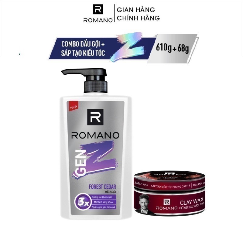 Combo Dầu gội Romano Gen Z Hương Sea Breeze/ Forest Cedar 610g/ chai  + Sáp tạo kiểu giữ nếp tóc 68g/hộp