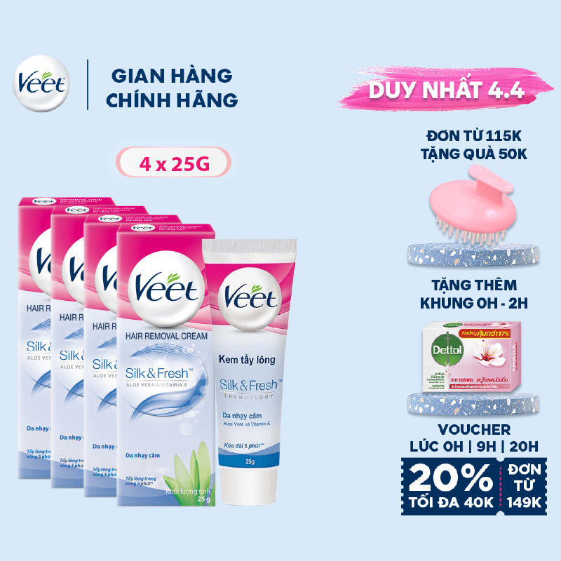 Combo 4 tuýp Kem tẩy lông cho da nhạy cảm Veet Silk Fresh 25G/tuýp