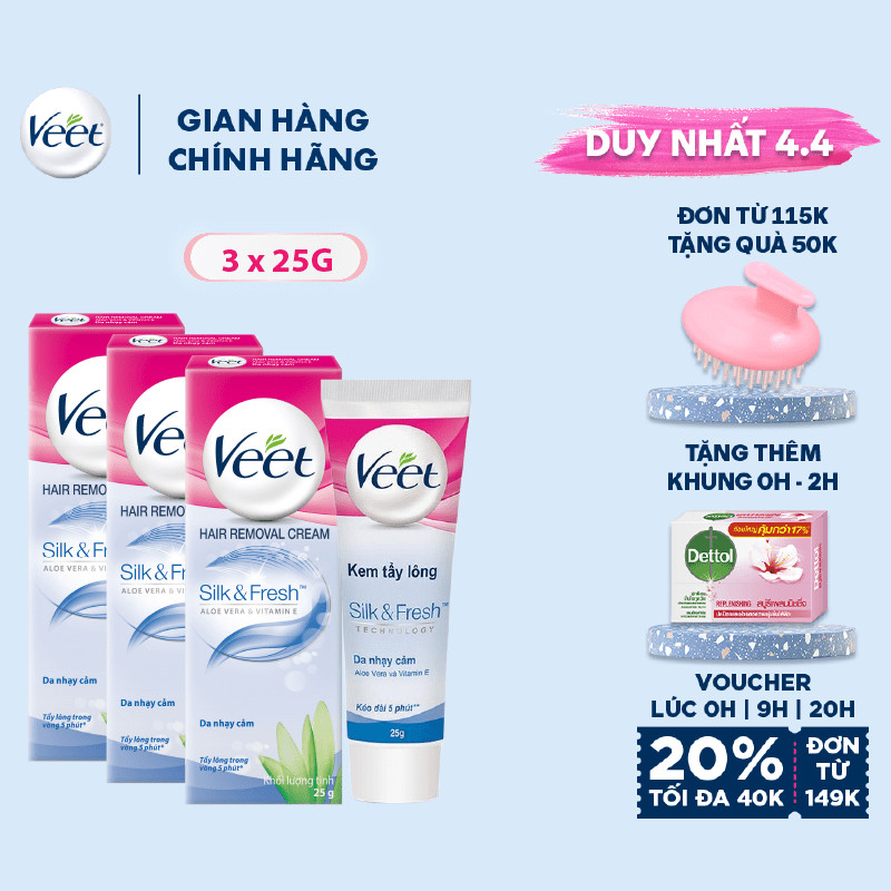 Bộ 3 Kem tẩy lông cho da nhạy cảm Veet Silk Fresh 25g/tuýp