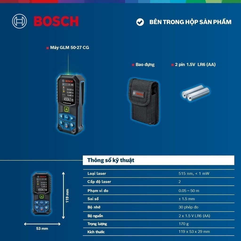 Máy đo khoảng cách Bosch laser xanh GLM 50-27 CG