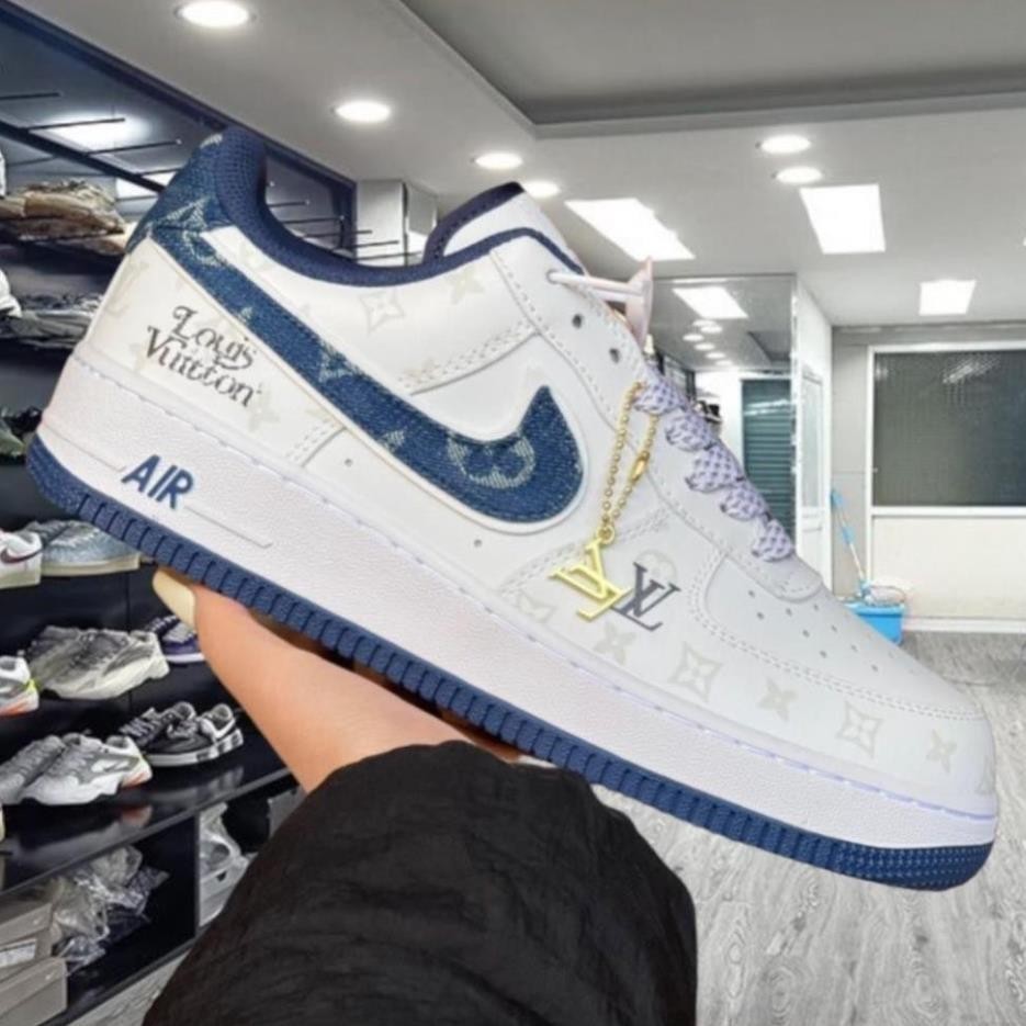 Giày AF1 LV xanh navy Low Dark Denim Blue White Sliver, AF1 LV Trắng Móc Xanh  Full Bill Box 2024 - 