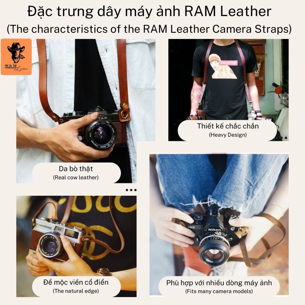 Dây đeo máy ảnh Da Bò RAM Leather Da Bò Đen Italia Mạc RAM Leather A2 Black RAM Leather