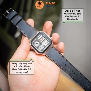 Dây Đồng Hồ Siêu bền Da Bò Thật RAM Leather 1993 Sáp màu xanh Cho Casio AE 1200 WHD và Dây 18mm
