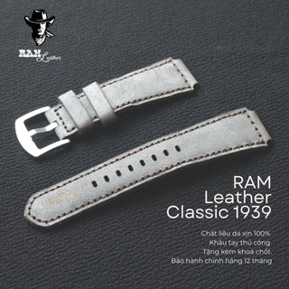 Dây đồng hồ da thật ram leather 1939 da bò thật màu xám quân đội cho casio ae 1200 whd và đồng hồ dây 18mm siêu bền