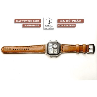 Dây Đồng Hồ Da Thật RAM Leather 1980 Cho Casio AE 1200 WHD và đồng hồ dây 18mm Da Bò Nâu Sáng Siêu bền