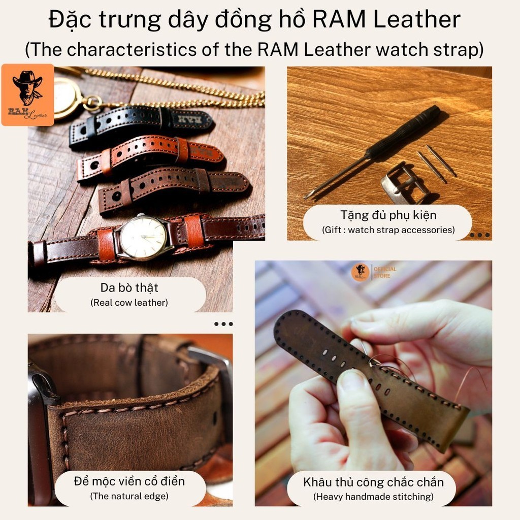 Dây Đồng Hồ Da Thật RAM Leather 1980 Cho Casio AE 1200 WHD và đồng hồ dây 18mm Da Bò Nâu Sáng  Bền Đẹp