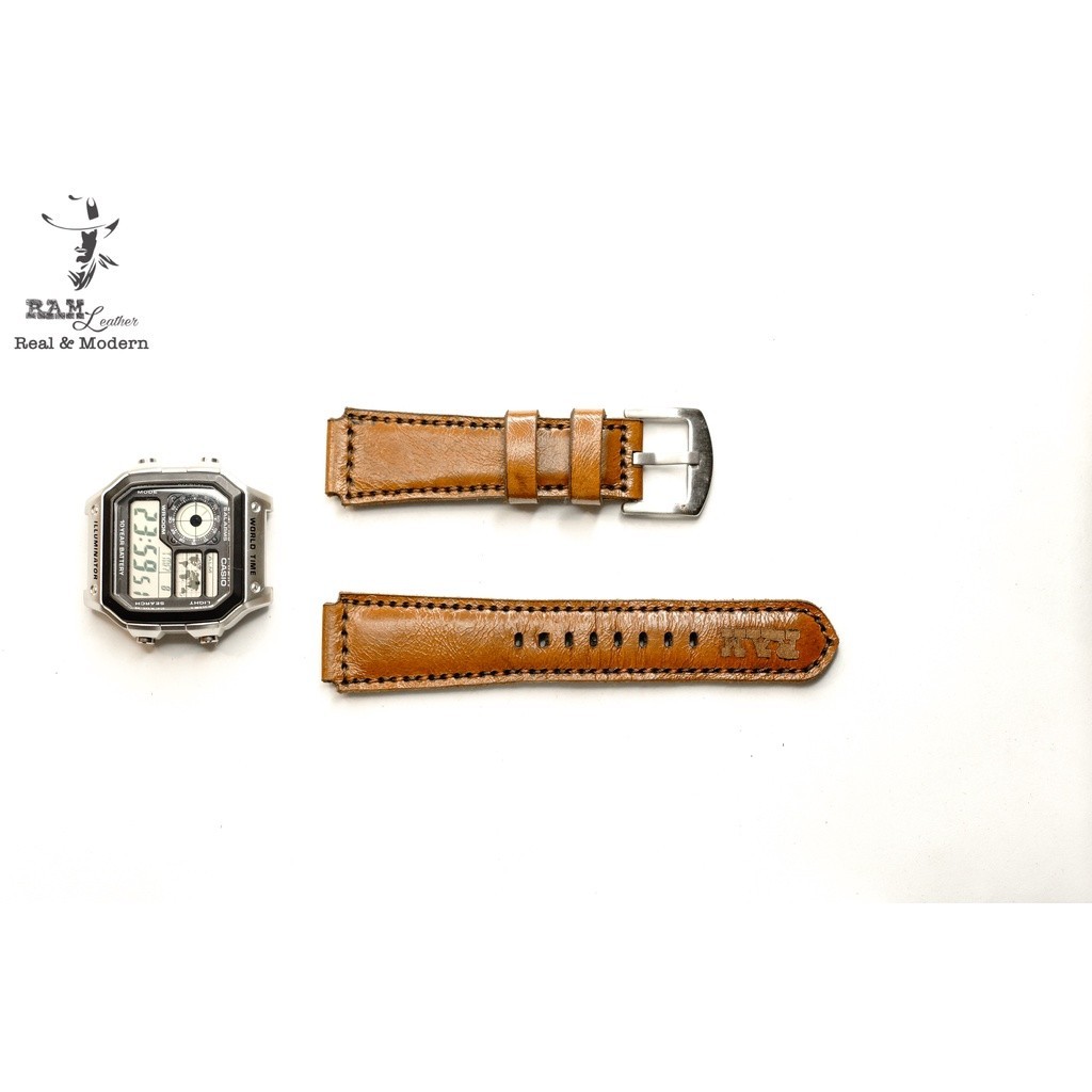 Dây Đồng Hồ Da Thật RAM Leather 1980 Cho Casio AE 1200 WHD và đồng hồ dây 18mm Da Bò Nâu Sáng  Bền Đẹp