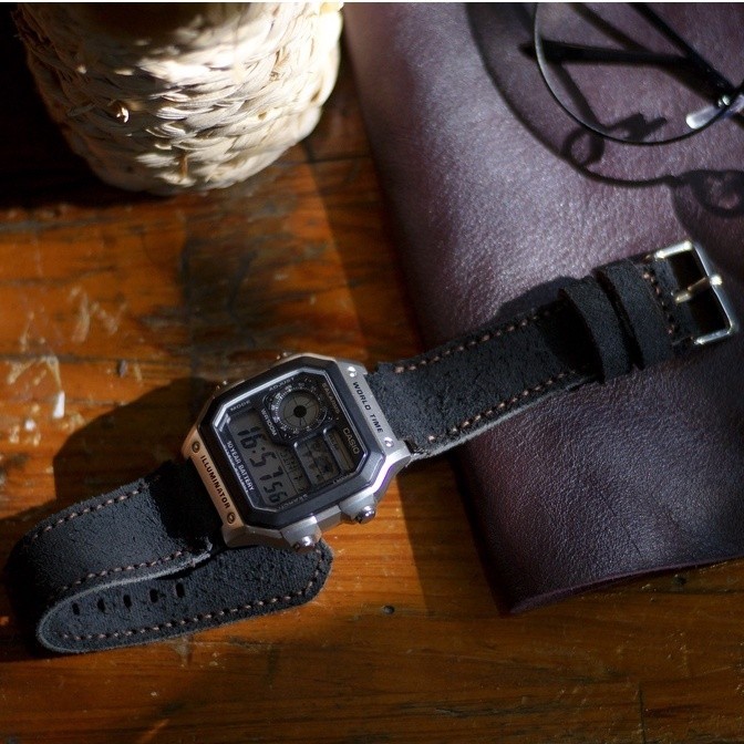 Dây Đồng Hồ Da Thật RAM Leather Cho Casio AE 1200 WHD và đồng hồ dây 18mm Da Bò Đen RAM Leather 1966  Bền Đẹp
