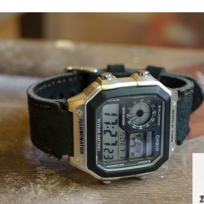 Dây Đồng Hồ Da Thật RAM Leather Cho Casio AE 1200 WHD và đồng hồ dây 18mm Da Bò Đen RAM Leather 1966  Bền Đẹp