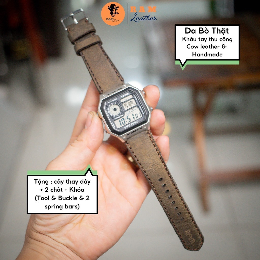 Dây Đồng Hồ Da Bò Handmade Cho Casio CASIO AE1200, AE 1200, 1300 WHD và Dây 18mm Siêu bền RAM Leathe