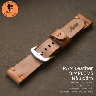 Dây Đồng Hồ Da Bò Handmade màu nâu đậm RAM Leather V3 Siêu bền 18mm, 19mm, 20mm, 21mm, 22mm, Casio 1200, iwatch AW
