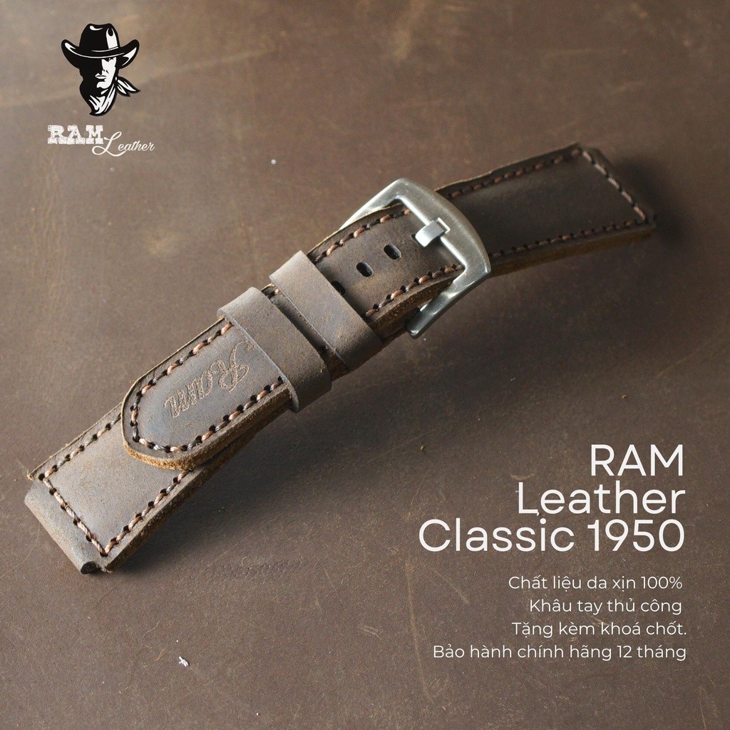 Dây Đồng Hồ Da Bò Handmade RAM Leather 1950 Nâu Đất Cho Casio CASIO AE1200, AE 1200, 1300 WHD, Seiko