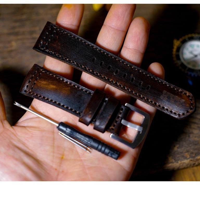 Dây Đồng Hồ Thủ Công Da Bò RAM Leather Italia Veg Màu Socola 18mm, 20mm, 22mm, Casio 1200, iwatch AW