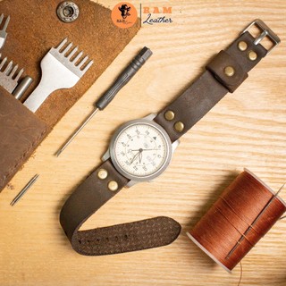 Dây Đồng Hồ Da Bò Handmade RAM Leather Rivet Quân Đội Quân Đội Nâu Đất 18mm, 20mm, 22mm, Casio 1200, iwatch AW