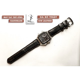 Dây Đồng Hồ Da Thật Handmade Đen Tuyền Siêu bền Cho Casio CASIO AE1200, AE 1200, 1300 WHD và Dây 18mm RAM Leather