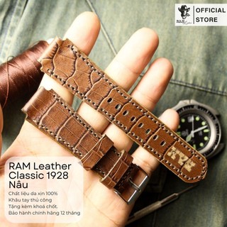 Dây Đồng Hồ Da Thật Handmade RAM Leather 1928 Cho Casio AE 1200 WHD và Dây 18mm Da Bò Dập Vân Cá Sấu Siêu bền