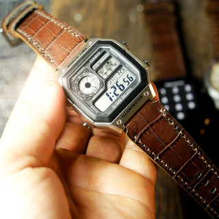 Dây Đồng Hồ Da Thật Handmade RAM Leather 1928 Da Bò Cho Casio AE 1200 WHD và Dây 18mm Vân Cá Sấu Siêu bền