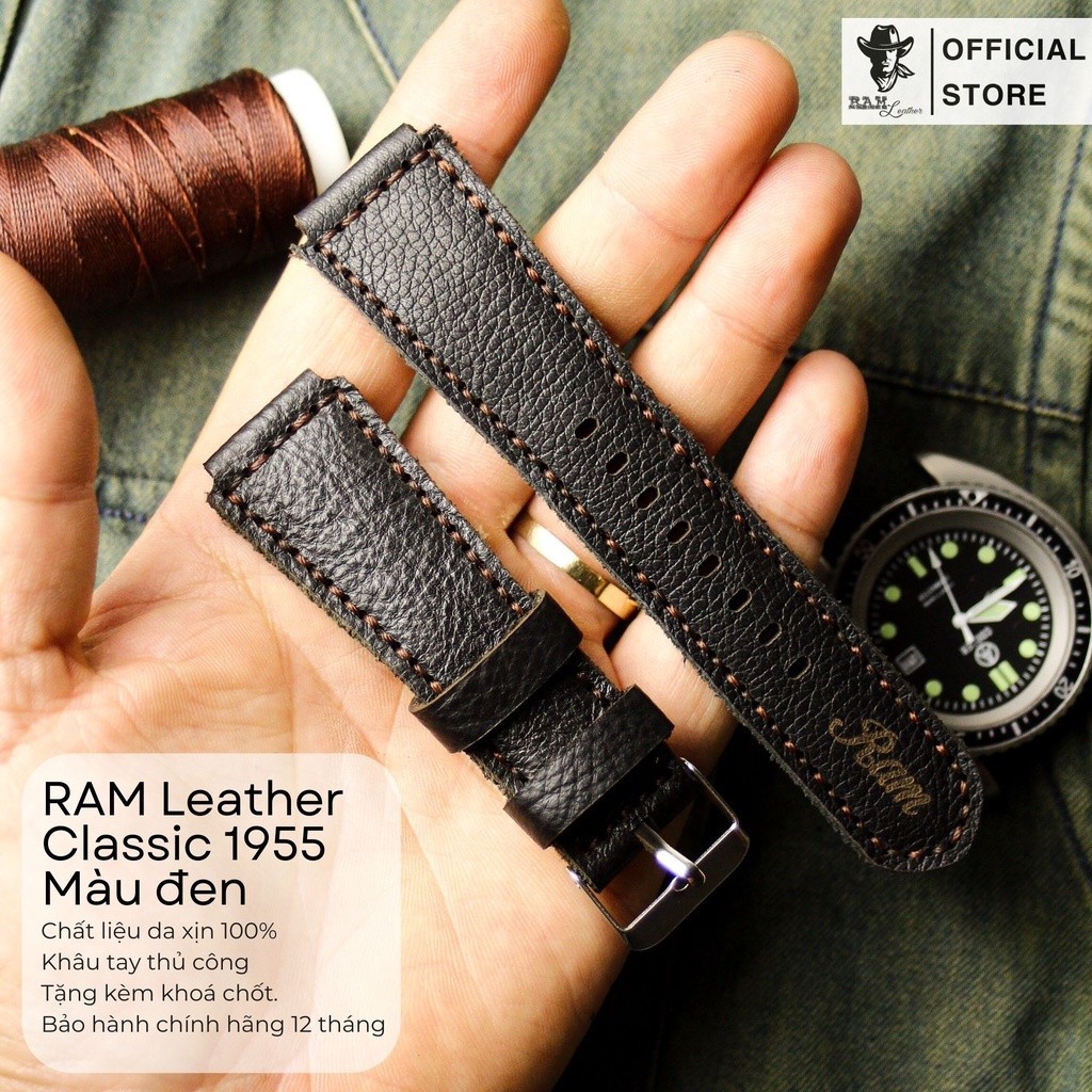 Dây Đồng Hồ Thủ Công Da Thật RAM Leather 1955 Cho Casio AE 1200 WHD và Dây 18mm Da Dê Đen Vân Hạt Bền Đẹp