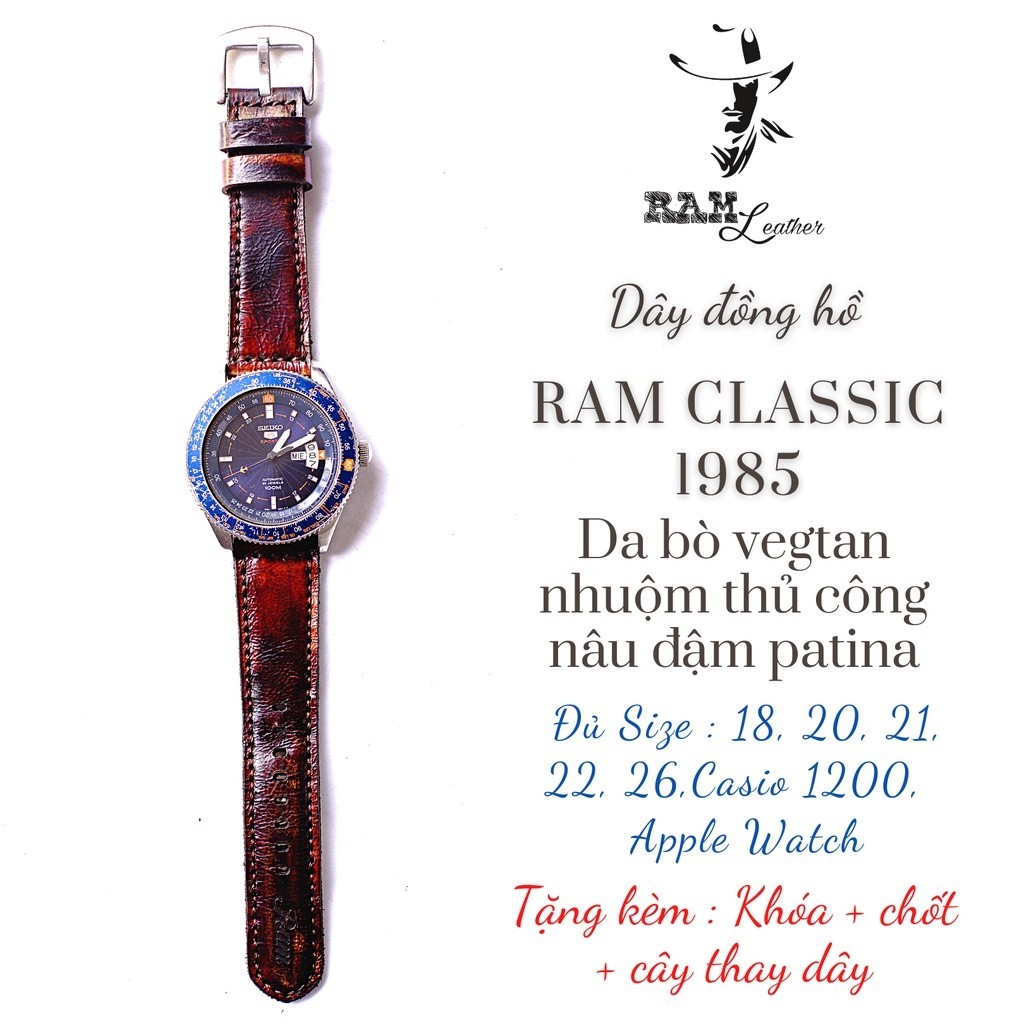 Dây Đồng Hồ Thủ Công Da Thật RAM Leather 1985 Da Bò Bền Đẹp 18mm, 20mm, 22mm, Casio 1200, iwatch AW đủ seri