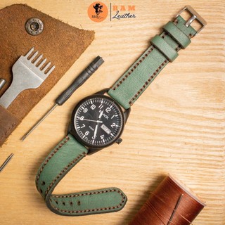 Dây Đồng Hồ Da Thật Handmade RAM Leather 1984 Da Bò Xanh Rêu Siêu bền 18mm, 20mm, 22mm, Casio 1200, iwatch AW