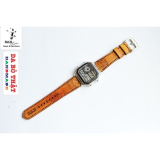 Dây Đồng Hồ Da Thật Handmade RAM Leather Cho Casio AE 1200 WHD và Dây 18mm Da Bò Italia Veg Khắc Inca Siêu bền