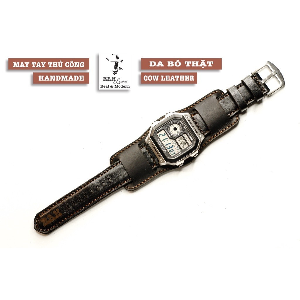 Dây Đồng Hồ Da Thật Handmade RAM Leather Cho Casio CASIO AE1200, AE 1200, 1300 WHD và Dây 18mm Siêu 