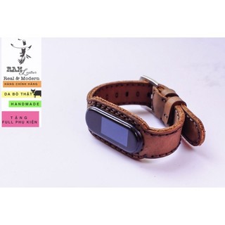 Dây Đồng Hồ Da Thật Handmade RAM Leather Cho Mi band 4 Và Mi band 3 Ver2 Da Bò Đen Tuyền (Da Bò)