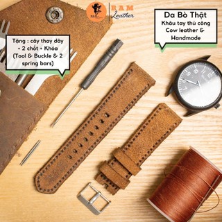 Dây Đồng Hồ Da Thật Handmade RAM Leather Classic 1960 Da Bò Lộn Màu Nâu Đậm 18mm, 20mm, 22mm, Casio 1200, iwatch AW