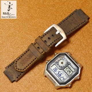 Dây Đồng Hồ Da Thật Handmade RAM Leather Trống Đồng Cho Casio AE 1200 WHD và Dây 18mm Da Bò Nâu Đất Siêu bền